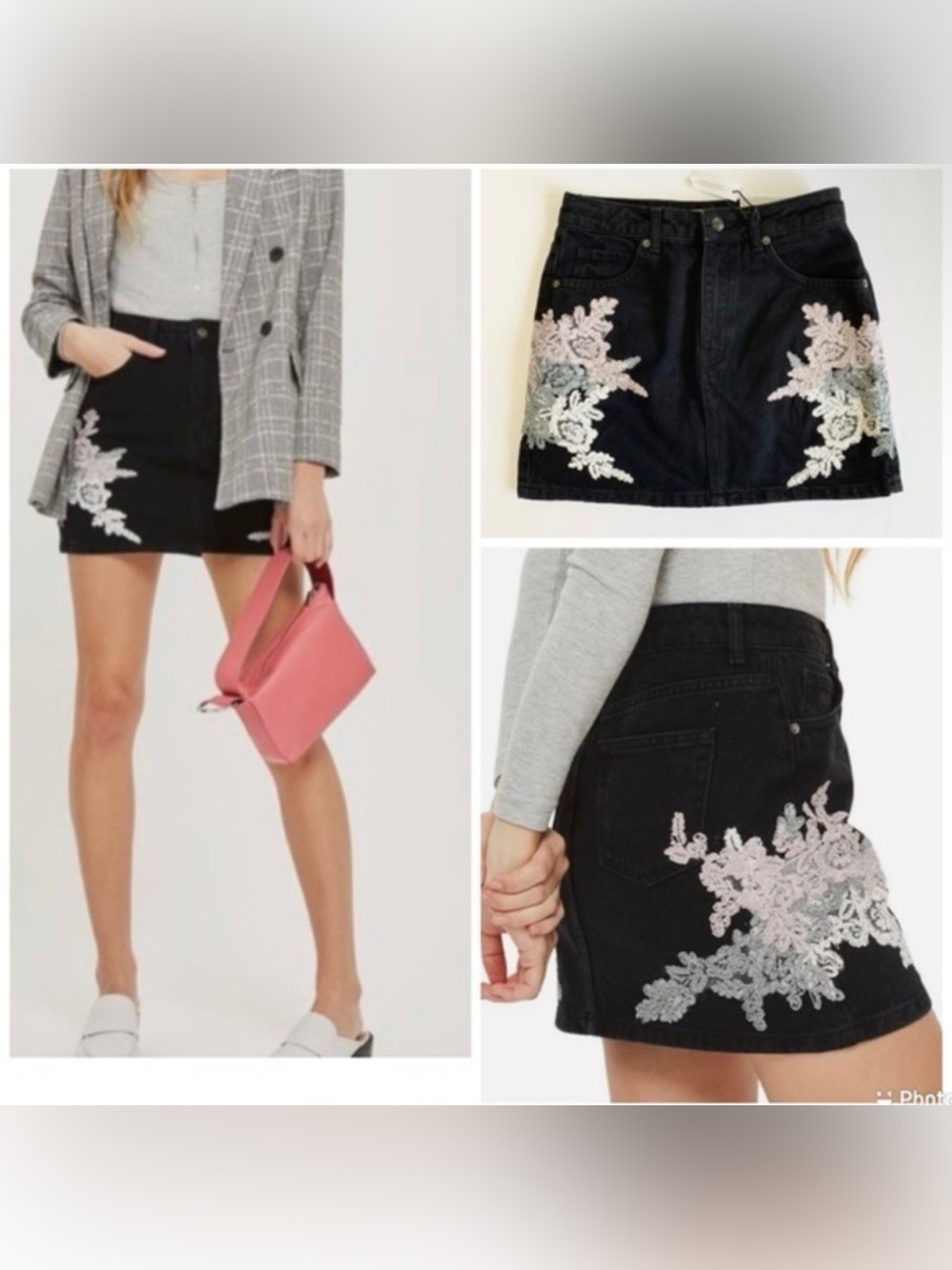 Topshop Lace Applique‎ Denim Skirt